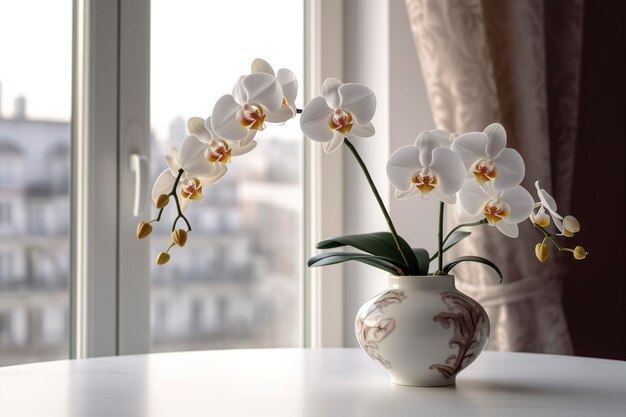 Vase met orchidee bloemen op witte tafel bij het raam binnen genereren ai