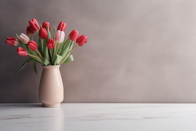 Foto vase met tulpen op tafel.