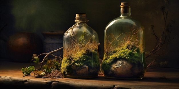 A vase of moss with two bottles