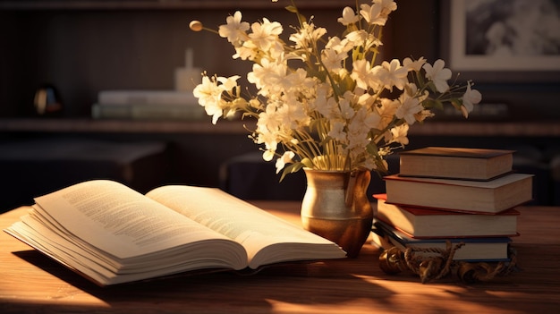 写真 開い た 本 の 隣 に 置か れ た テーブル に 置か れ た 花瓶 装飾 的 な 花束 と 読み物