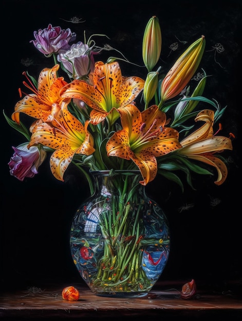 A vase of orange and purple lilies sits on a table.