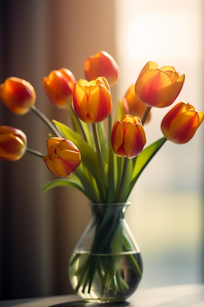 A vase of orange and yellow tulips is on a table.