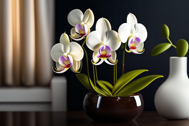 A vase of orchids is sitting on a table.