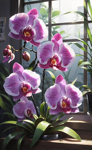 a vase of orchids with a window behind them