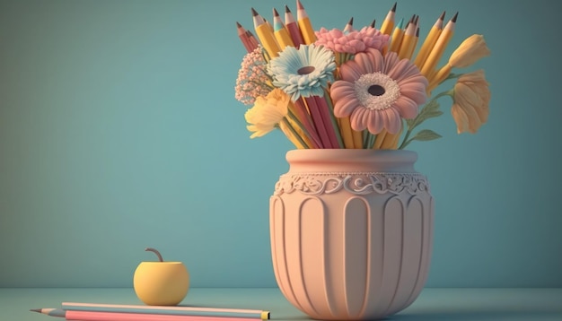 A vase of pencils and a apple on a blue table.