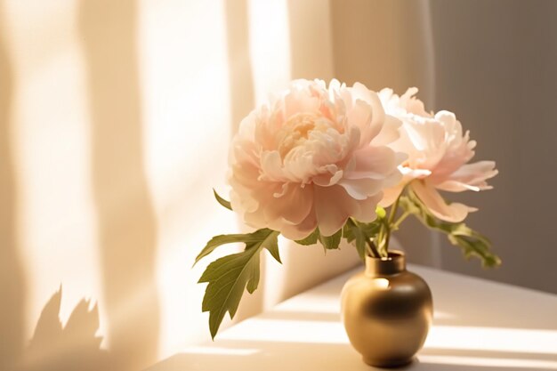 A vase of peonies sits on a table in front of a window.