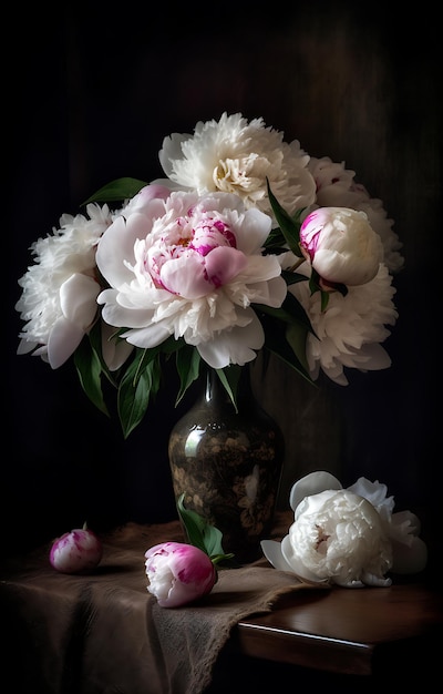 A vase of peonies sits on a table with a pink flower on it.