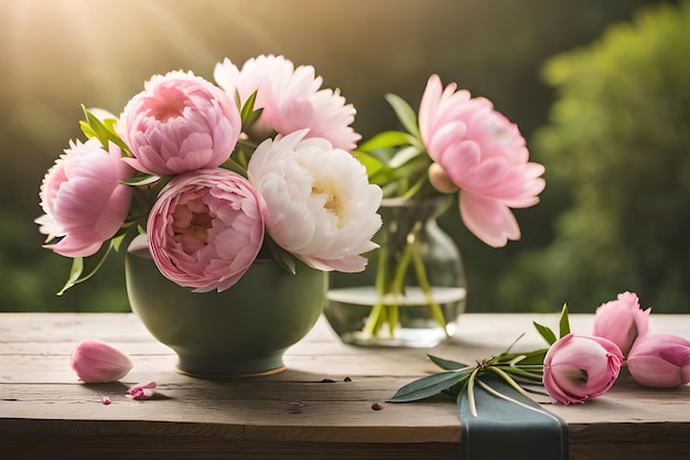 A vase of peonies sits on a wooden table with a vase of flowers on it.