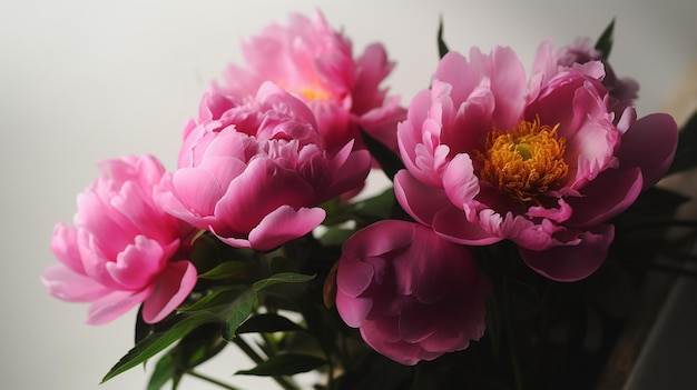 A vase of peonies with a yellow spot on the top.