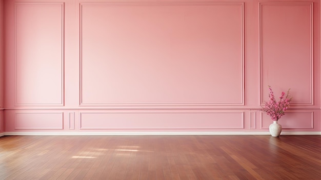 A vase of pink flowers in an empty room with pink walls