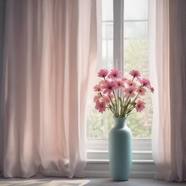 a vase of pink flowers sits in front of a window