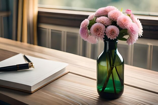 Photo a vase of pink flowers sits on a table next to a book with a pocketbook.