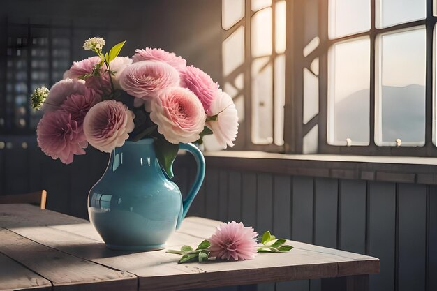 A vase of pink flowers on a table with the sun shining through the window