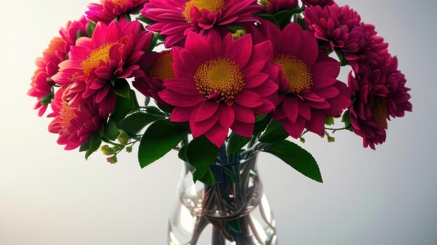 A vase of pink flowers with green leaves in it