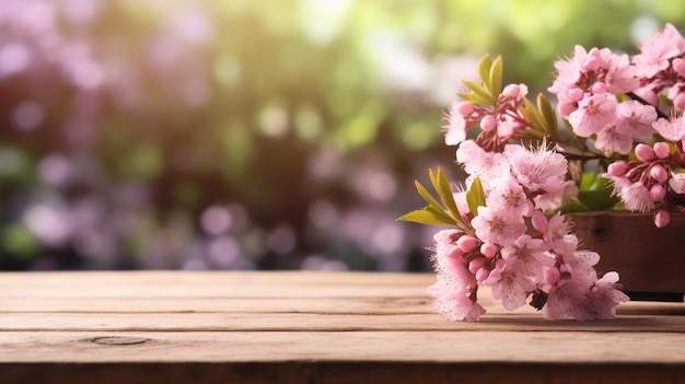 A vase of pink flowers on a wooden table with a blurred background