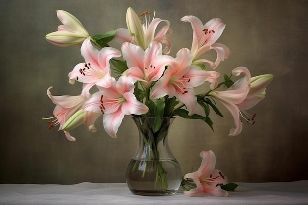 A vase of pink lilies is sitting on a table with a dark background