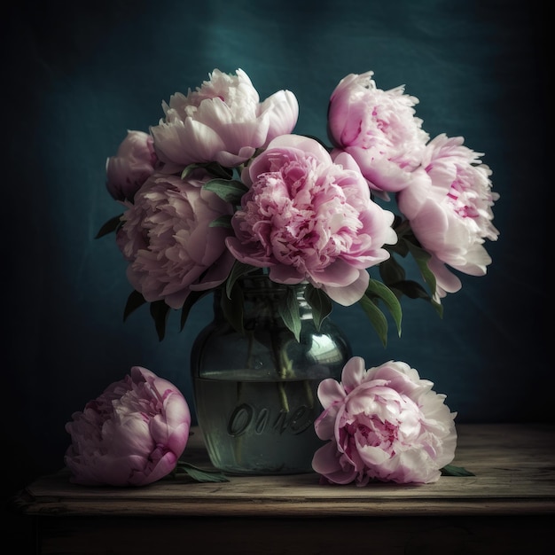 A vase of pink peonies is on a table with the word " on it ".