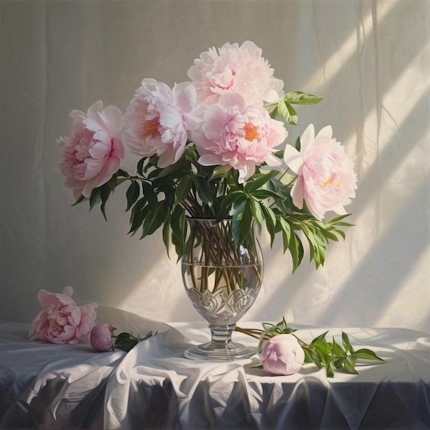 a vase of pink peonies sits on a table.