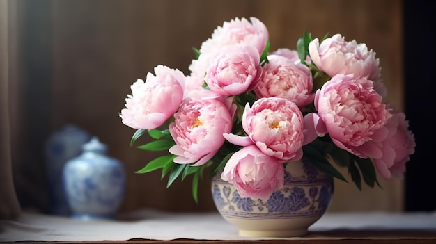 На столе стоит ваза с розовыми пионами.
