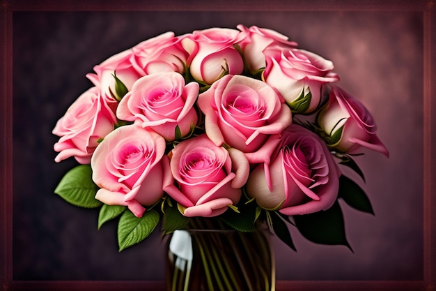 A vase of pink roses is shown with a dark background.