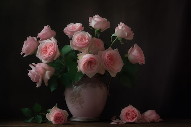 A vase of pink roses is on a table with a dark background.