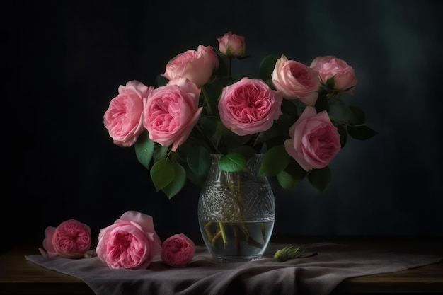 A vase of pink roses sits on a table with a dark background.