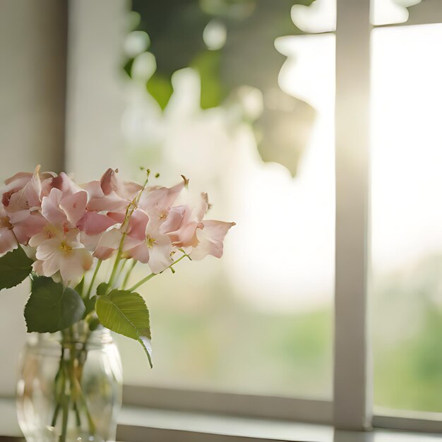 분홍색 장미의 꽃병이 창문 위에 앉아 있다