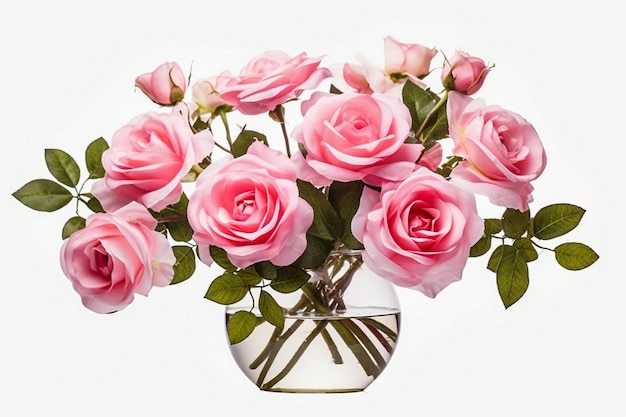 A vase of pink roses with green leaves in it