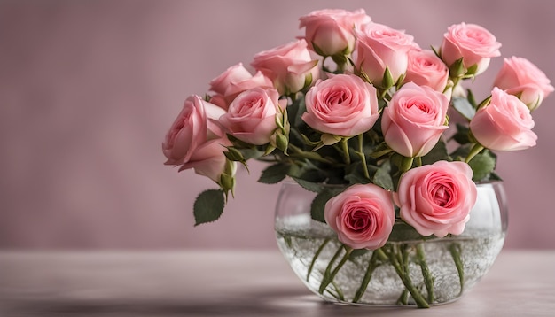 a vase of pink roses with green leaves and pink roses