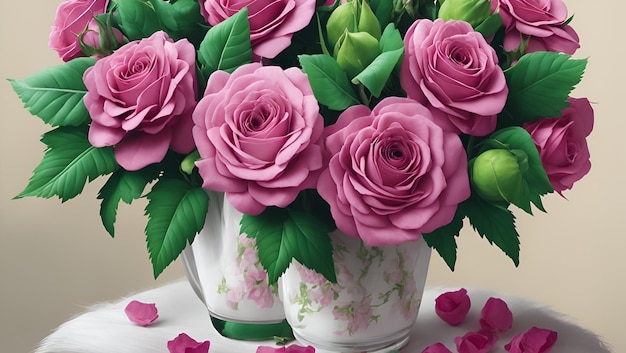 A vase of pink roses with petals scattered around it.