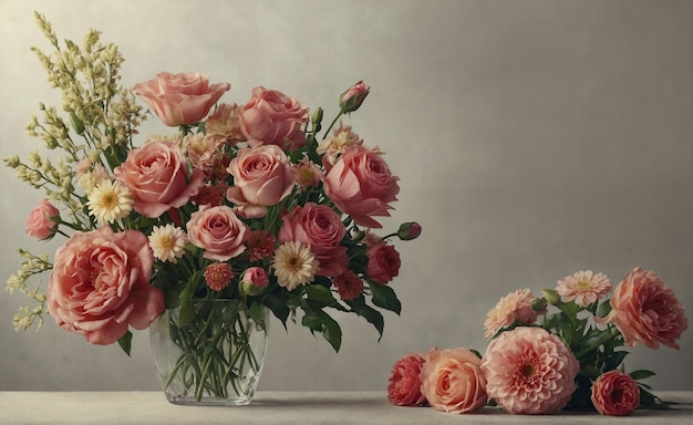 a vase of pink roses with a vase of flowers in front of a white background