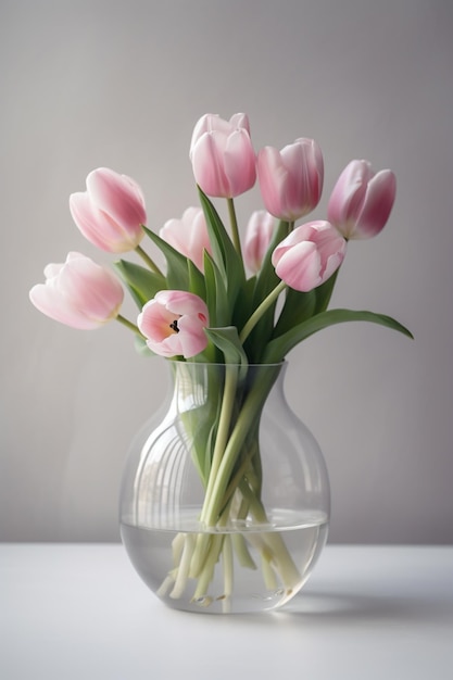 A vase of pink tulips is on a table.