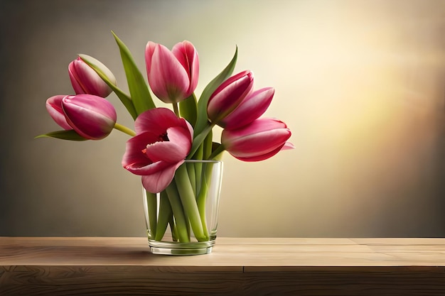 Photo a vase of pink tulips on a wooden table