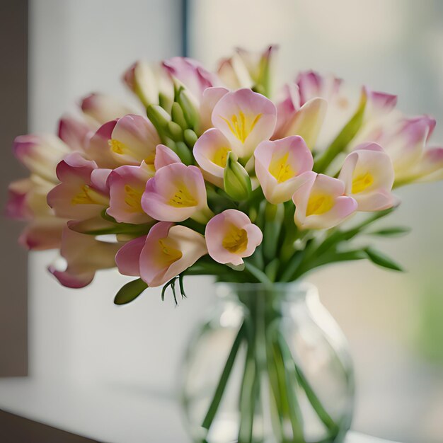 ピンクと黄色の花瓶が窓際に座っている