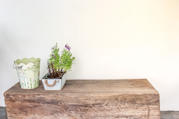 Vase of plant and the basket on the wooden table 