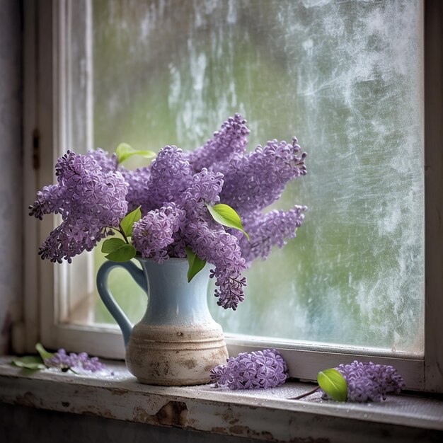 紫の花の花瓶が窓際にありその上に葉がある