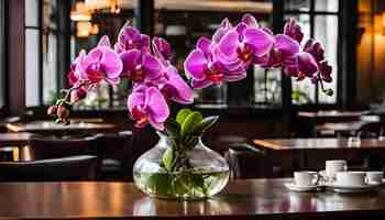 Photo a vase of purple orchids sits on a table in a restaurant