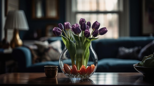 A vase of purple tulips sits on a table in front of a couch with a window behind it.