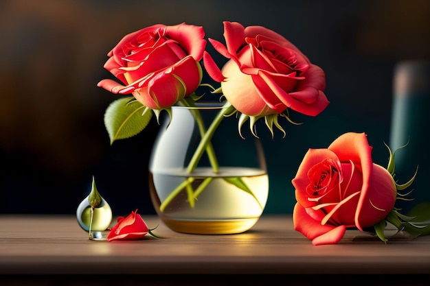 A vase of red roses with a glass of water on a table.