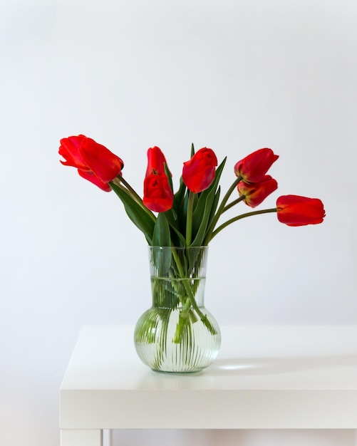 Vase of red tulips in the living room home decor