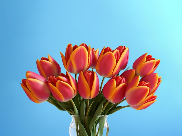 A vase of red tulips with green leaves in it celebrate Mothers day