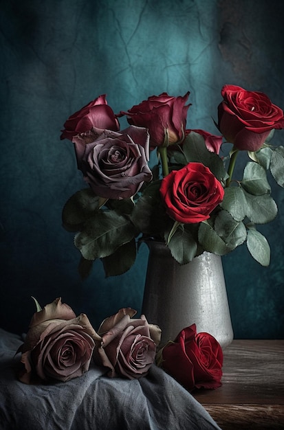 A vase of roses is on a blue cloth with the word roses on it