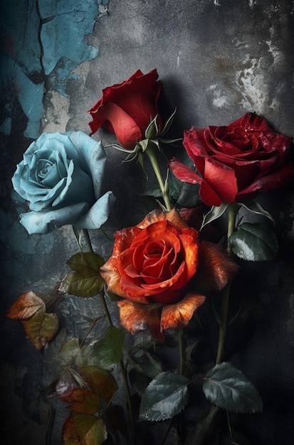 A vase of roses is on a blue cloth with the word roses on it