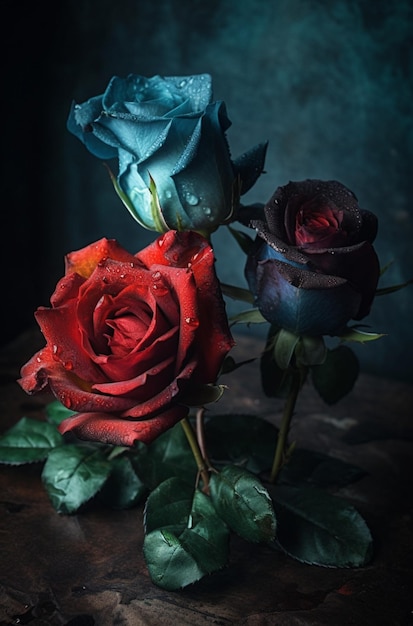 A vase of roses is on a blue cloth with the word roses on it