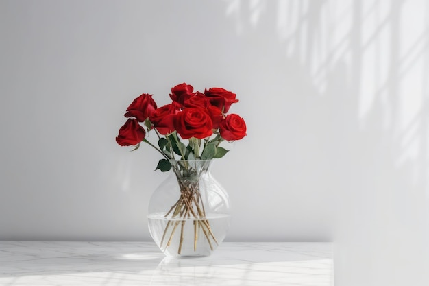 A vase of roses is on a table with a shadow on the wall.