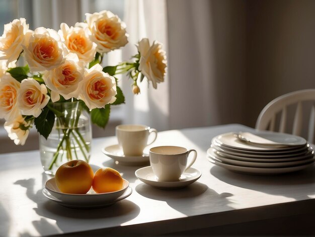 a vase of roses and peaches on a table with plates and cups
