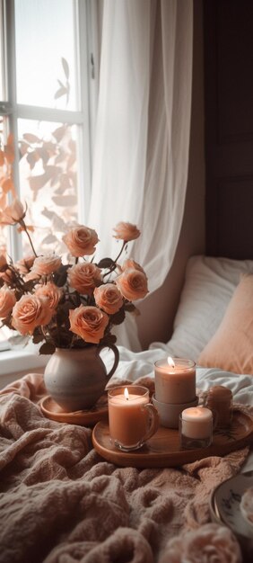 A vase of roses sits on a bed next to a candle.