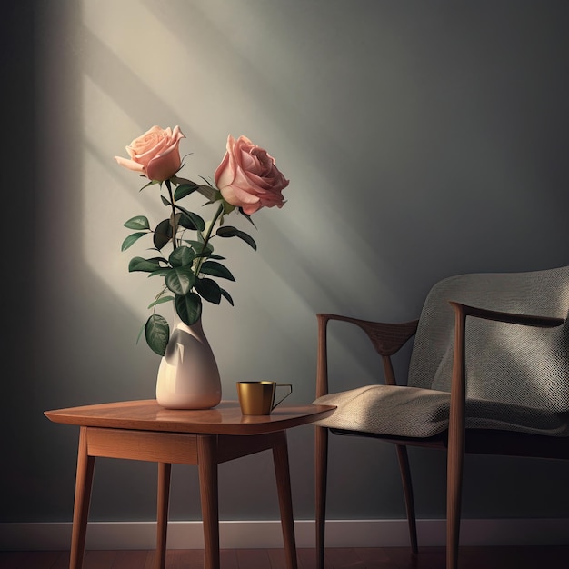 A vase of roses sits on a table next to a chair.