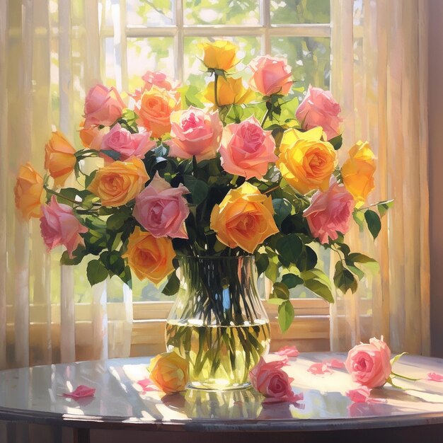 a vase of roses sits on a table in front of a window.