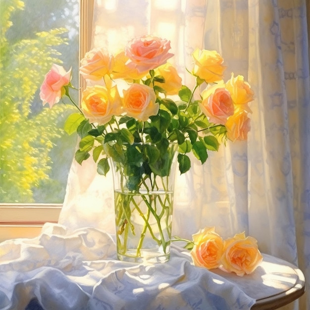 窓の隣のテーブルにバラの花瓶が置かれています